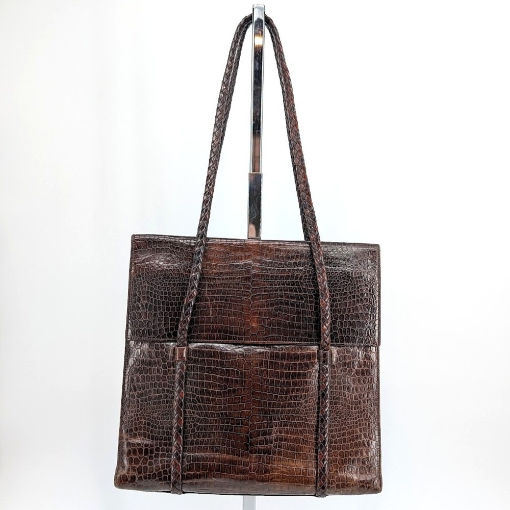 Bally Brown Crocodile Embossed Leather Tote Bag Braided Straps Vintage